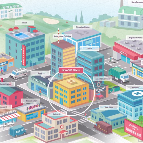 Flat design artwork with the title 'Isometric City Illustration'