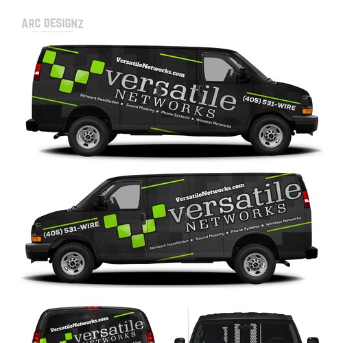 Green and black design with the title 'Van wrap for Versatile'