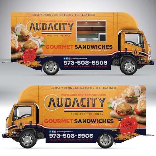 Food truck design with the title 'AUDACITY Gourmet Sandwich Truck'