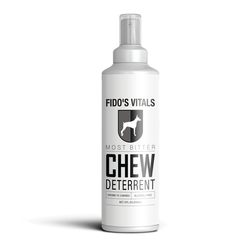 White label with the title 'FIDO'S VITALS - CHEW DETERRENT BOTTLE LABEL'