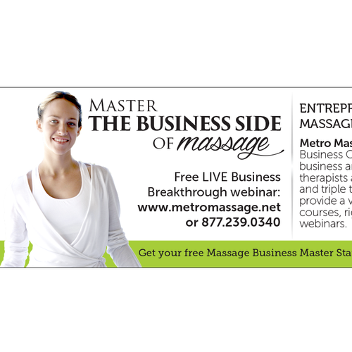 Message design with the title 'Create a banner ad with text and photo to attract Massage Therapists.'