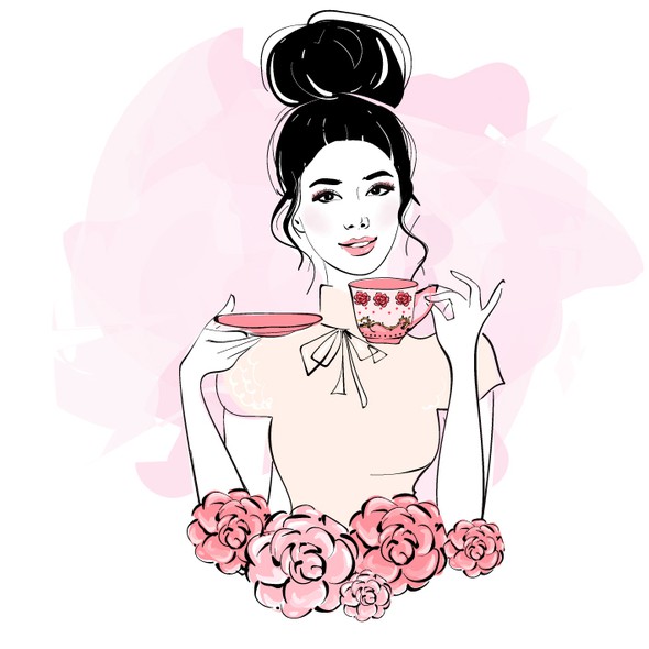 Teacup design with the title 'Facebook picture illustration of an stylish asian girl '