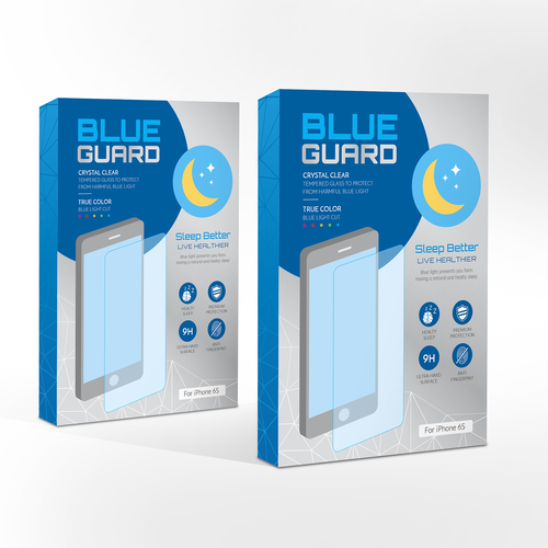 Carton packaging with the title 'Blue Guard - blue light filter screen protector box design'