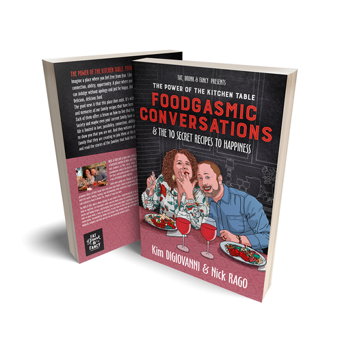Hand-drawn book cover with the title 'The Power of the Kitchen Table: Foodgsmic Conversations & The 10 Secret Recipes to Happiness'