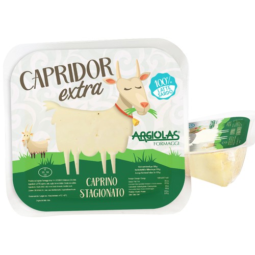 Italian label with the title 'New packaging for Capridor'