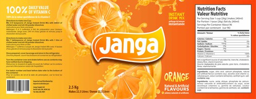 Orange packaging with the title 'Packaging design for Janga instant drink mix'