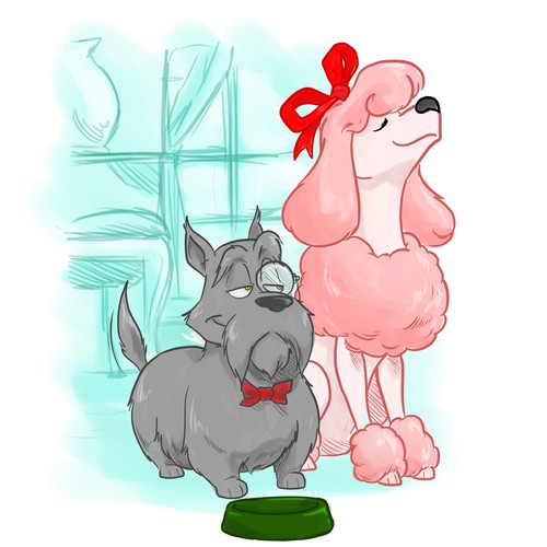 Cartoon artwork with the title 'Fancy Dog and Queen like Dog'