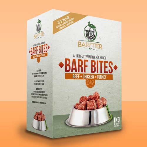 Pet food packaging with the title 'Packaging Design'