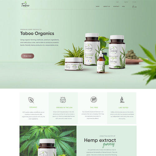 Product design with the title 'Taboo hemp product website design '