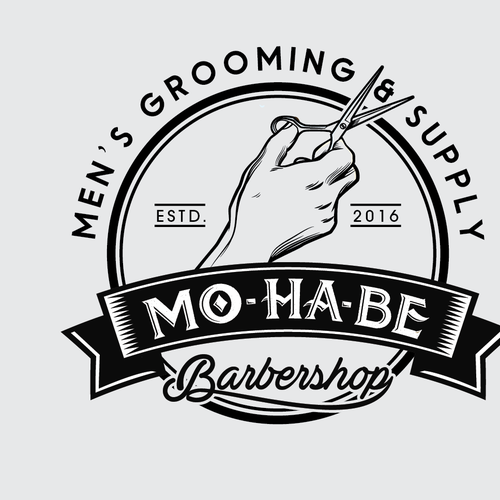 Scissors logo with the title 'MO-HA-BE Barbershop Logo design'