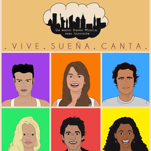 Cartoon book cover with the title 'Design the COVER of "Soñadores", a NEW musical Drama for Latin TV!'