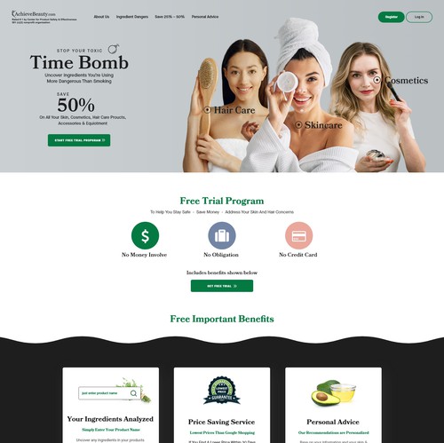 Green website with the title 'Redesign of Achieve Beauty Landing '