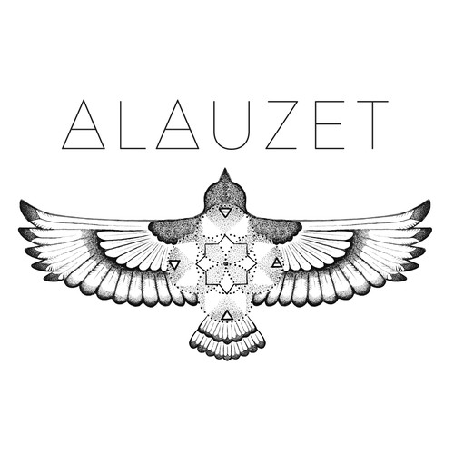 Black and white artwork with the title 'ALAUZET'