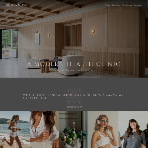 Clinic design with the title 'Minnow Wellness: Modern Healthcare Meets Feminine Elegance'