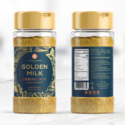 Golden design with the title 'Golden Milk Turmeric Latte Packaging Design'