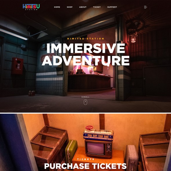 Full-screen website with the title 'Retro Japanese themed escape room web design'