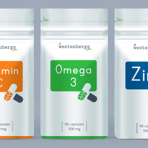 Pills packaging with the title 'Packaging for vitamins and supplements products'