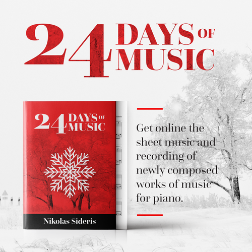 Piano design with the title '24 Days of Music'