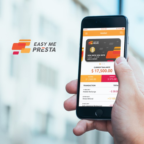 Credit card design with the title 'Easy Me Presta - Payday Loan App'