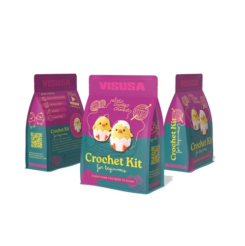 Crochet design with the title 'Crochet kit for beginners: package Pouche'