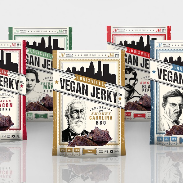 Rustic packaging with the title 'Refresh Louisville Vegan Jerky Packaging'