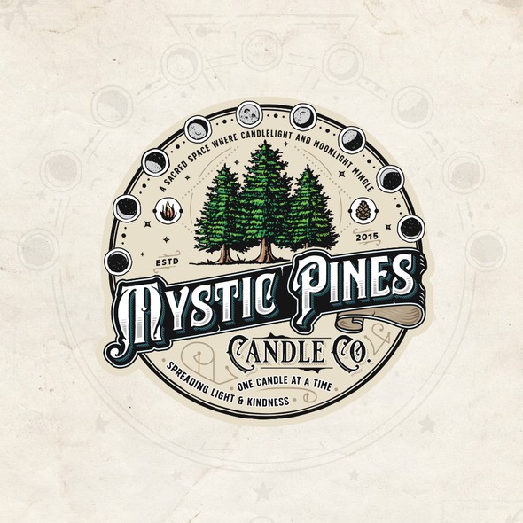 Pine tree logo with the title 'Mystic Pines Candle Co.'