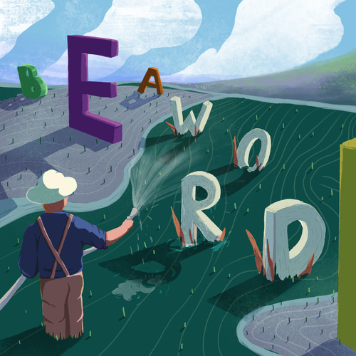 Editorial illustration with the title 'alphabet gardener or alphabet farmer'