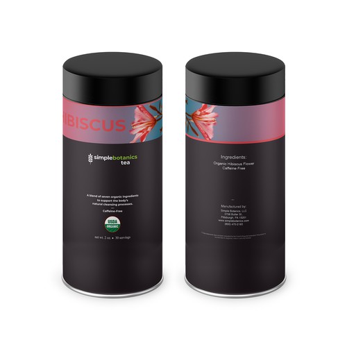 Tea packaging with the title 'Hibiscus Tea Tin Label Design'