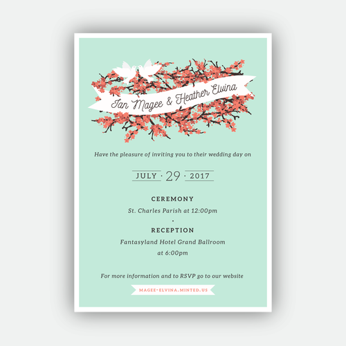 Coral design with the title 'Illustrated Wedding Invitation'
