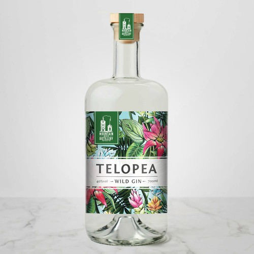 Craft label with the title 'Telopea Wild Gin , label design '