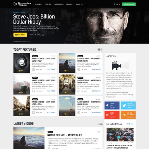 Magazine website with the title 'Website design for Documentary Tube'