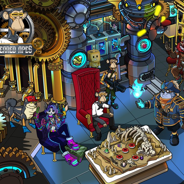Steampunk artwork with the title ' Steampunk Tavern with Robot Apes/Dogs for Gaming Guild'