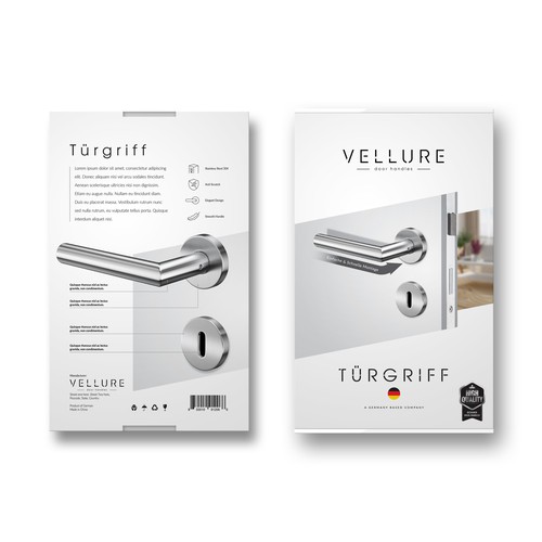 Premium packaging with the title 'VELLURE Door Handles Box'