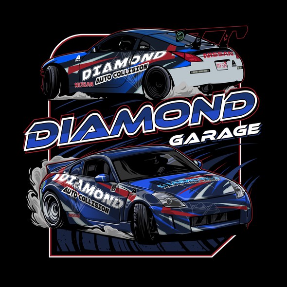 Vehicle design with the title 'Diamond Garage Tshirt Illustration'