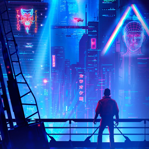 Cyberpunk illustration with the title 'Cyberpunk Neo Tokyo'