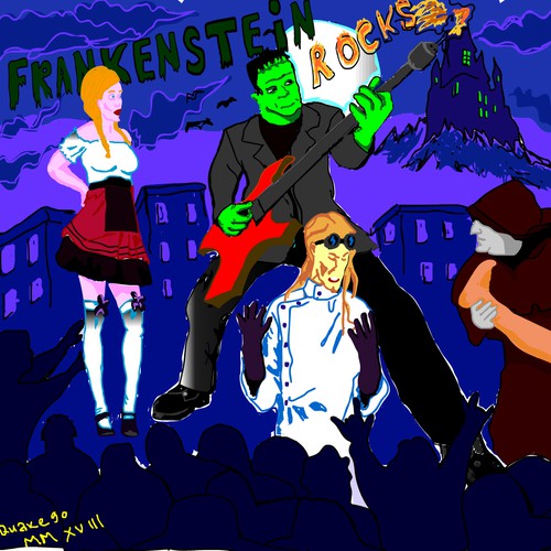 Sexy artwork with the title '"Comic Book" Front Cover Style for "FRANKENSTEIN ROCKS" Rock and roll musical'
