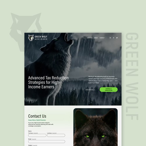 Figma design with the title 'Green Wolf Advisors — Tax Strategy Firm Branding & Website Design'