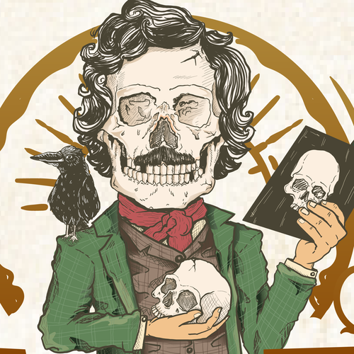 Skull illustration with the title 'GOTHIC ILLUSTRATION OF SKULL ALAN POE'