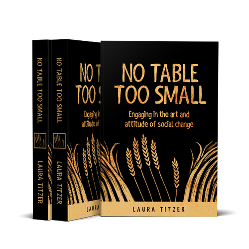 Hand book cover with the title 'No Table Too Small Book Cover Design'