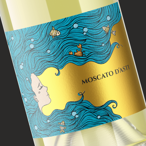 Gold foil label with the title 'Moscato d'Asti Label, Italy'