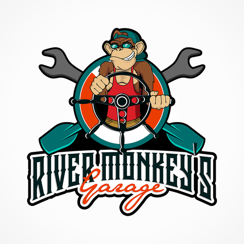 Garage design with the title 'create a vintage car and boat hotrod, with a modern binkin store and a monkey as the mascot'