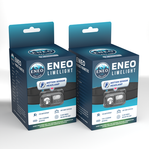 LED lighting design with the title 'Packaging proposal for outdoor activities head lamp'