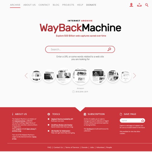 Internet website with the title 'Wayback Machine Redesign'