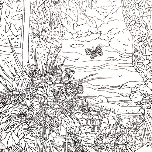 Black and white illustration with the title 'Coloring Book'