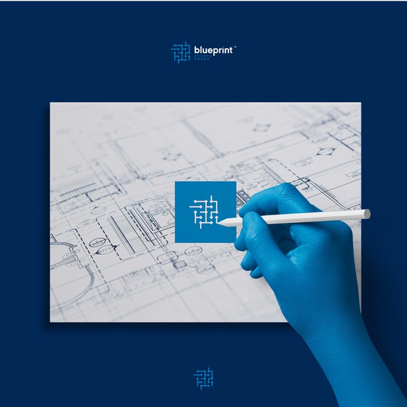 Blueprint design with the title 'Monogram maze logo for escape room '