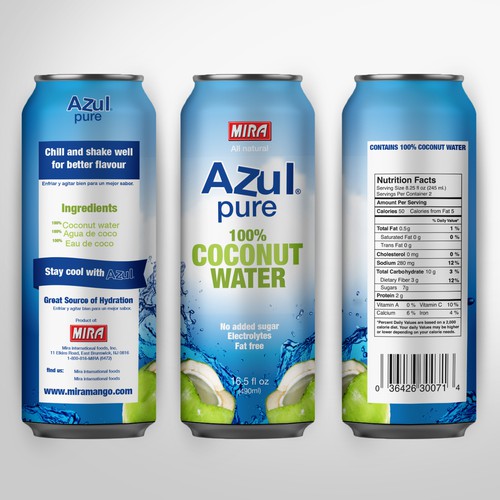 Water label with the title 'Azul pure Coconut water.'