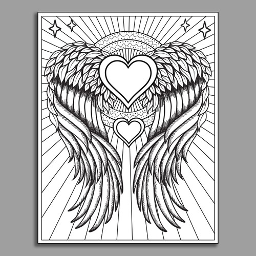Coloring book artwork with the title 'Flying heart design for colouring book'