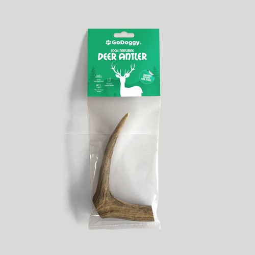Dog food packaging with the title 'Dog treats Deer Antler'