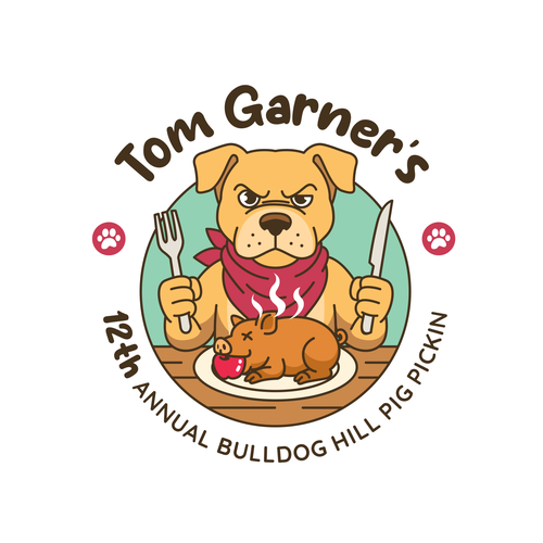 Pitbull logo with the title 'Tom the Bulldog eating Dinner'