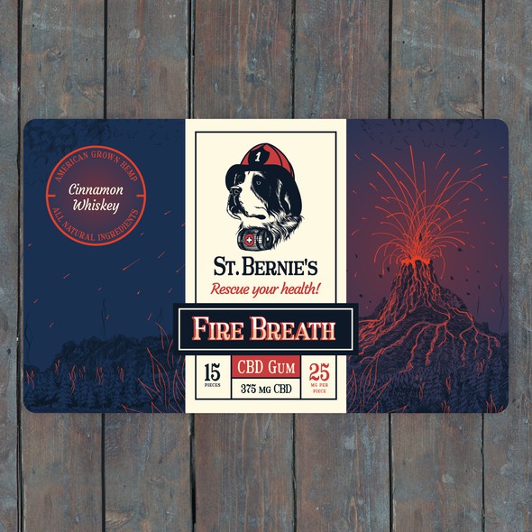 Volcano design with the title 'Fire Breath CBD Gum Label'
